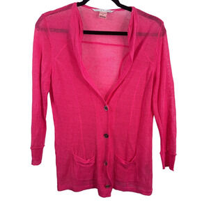 Peter Nygard Hot Pink Sheer Linen Cardigan 3/4 Sleeve Pockets Women SZ S Sweater